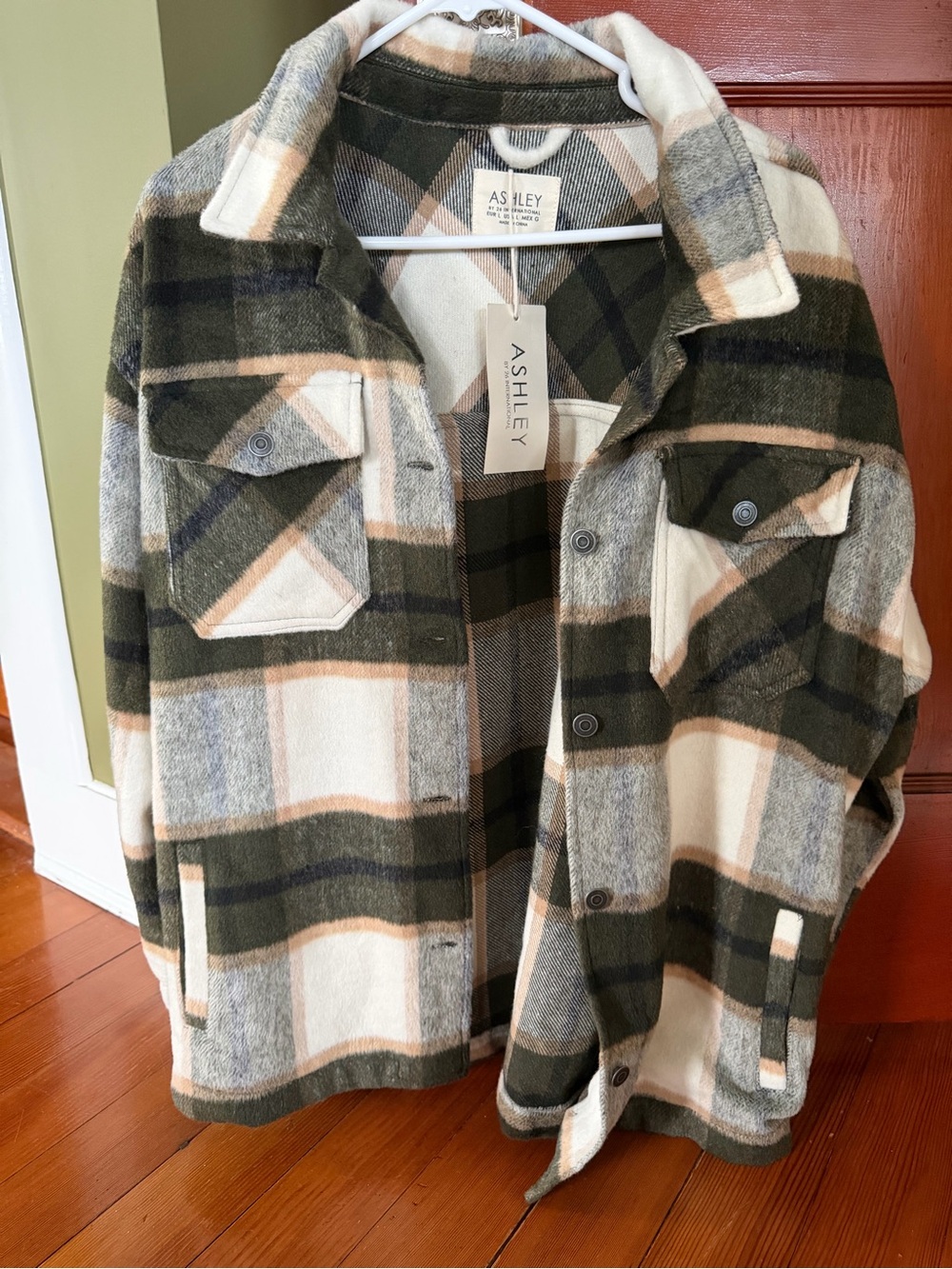 Ashley By 26 International Olive, Cream & Tan Plaid Shacket